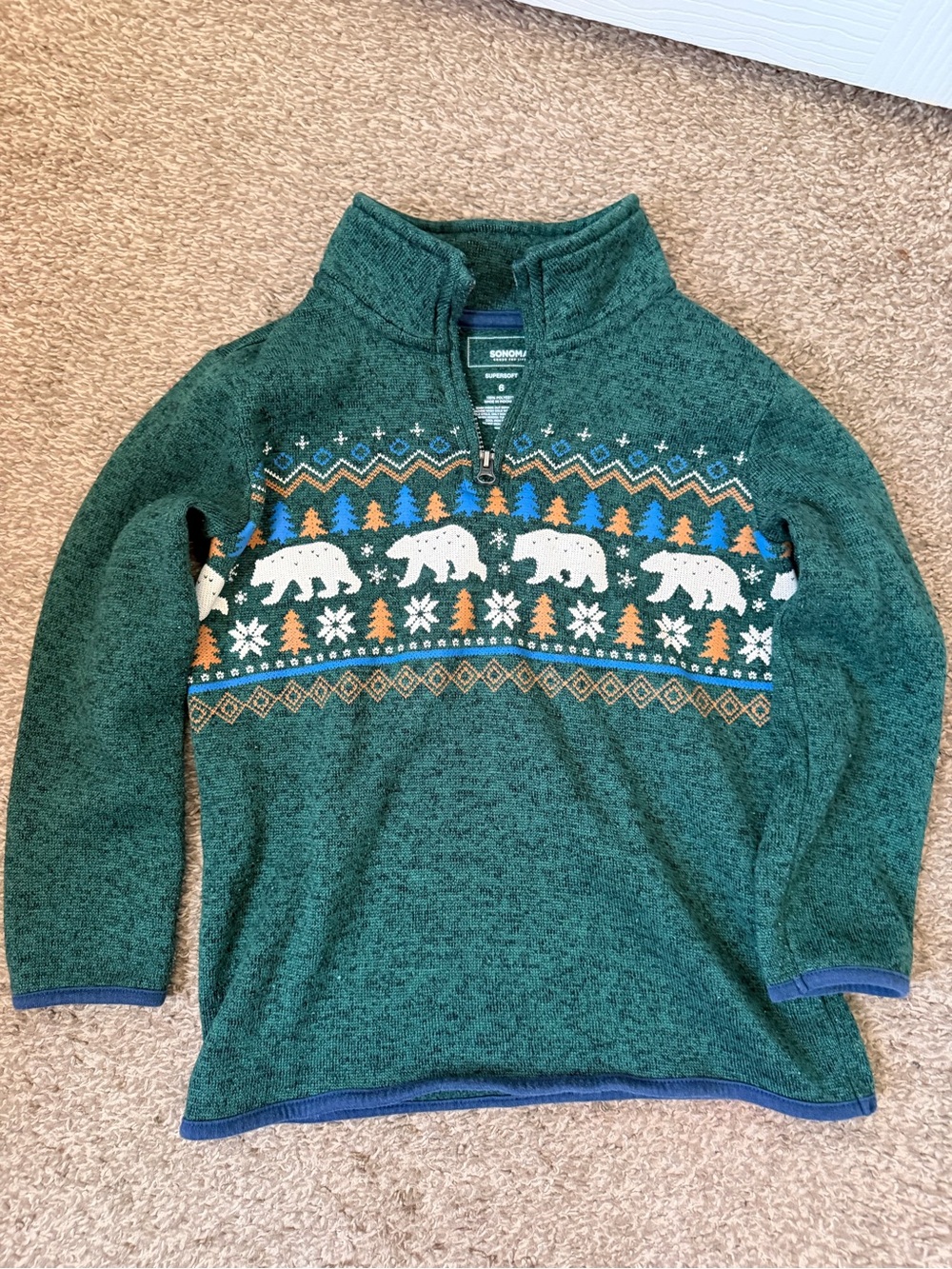 Sonoma Green Zip-Up Bear Fair Isle Sweater